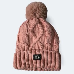 UGG Cable-Knit Beanie Pom-Pom Winter Hat Pink